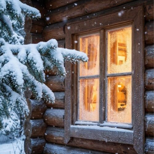 A close-up of a frosted log cabin window with warm light inside during a snowfall.