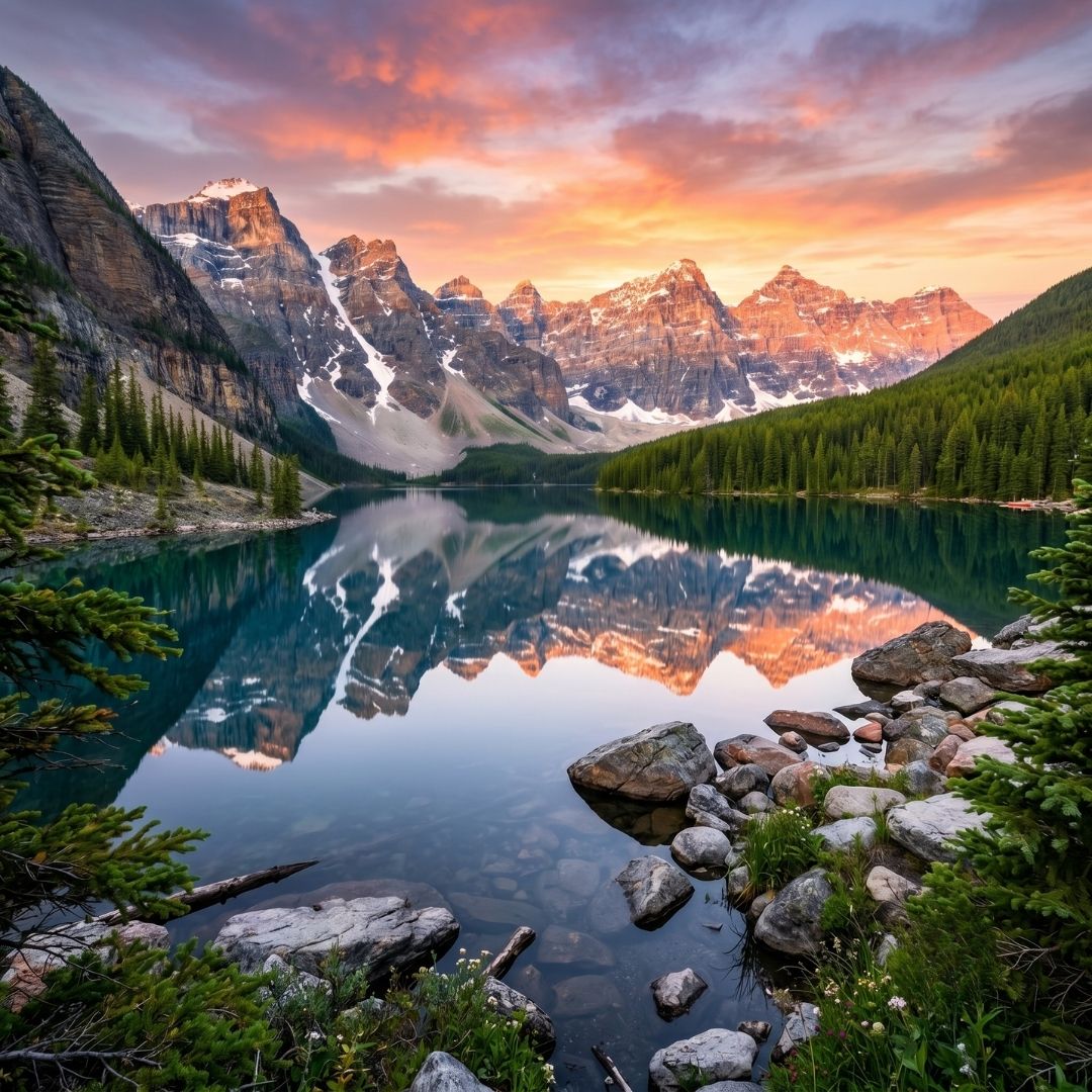 Calm waters of an alpine lake mirroring the morning sky.