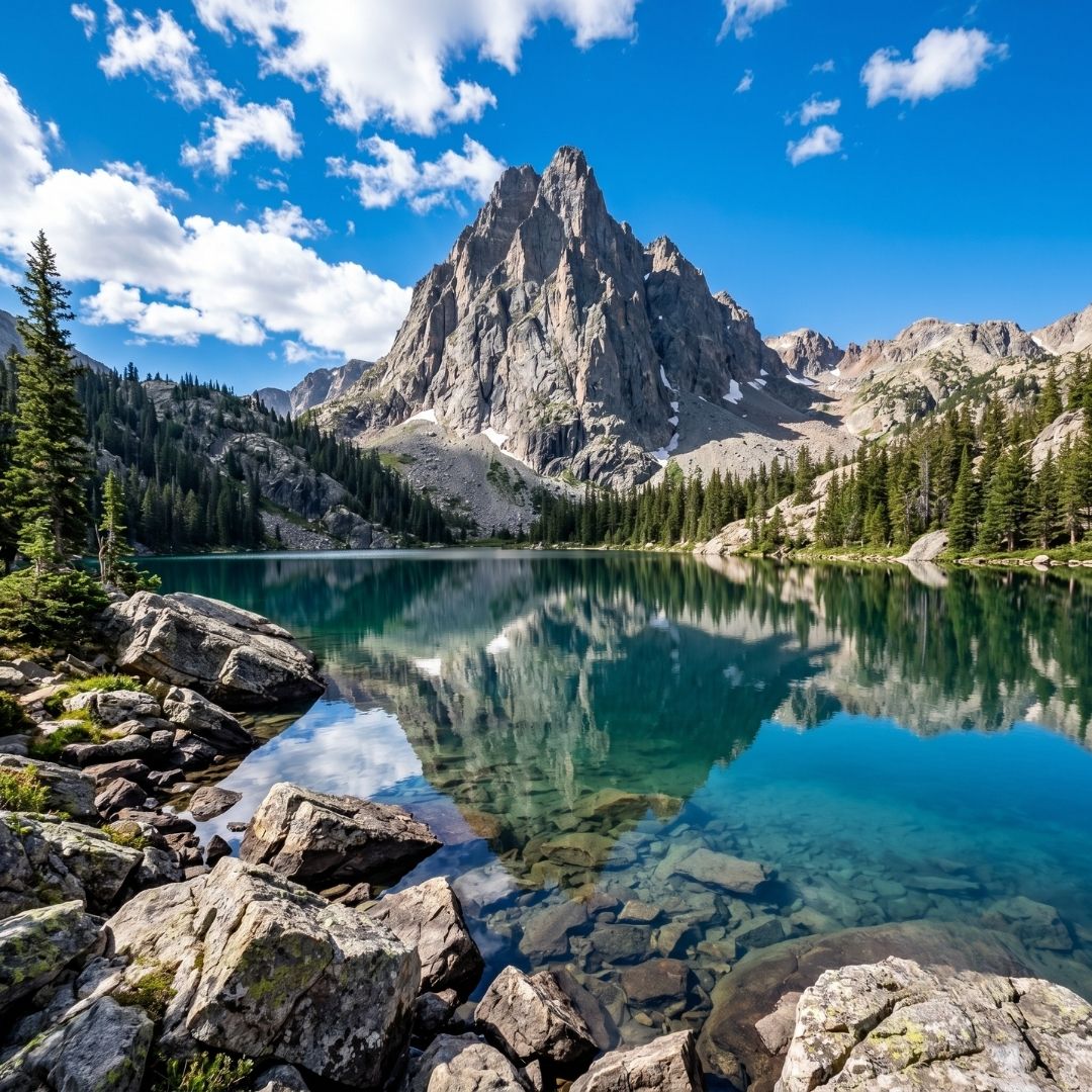 Clear mountain lake reflecting a rugged granite peak.