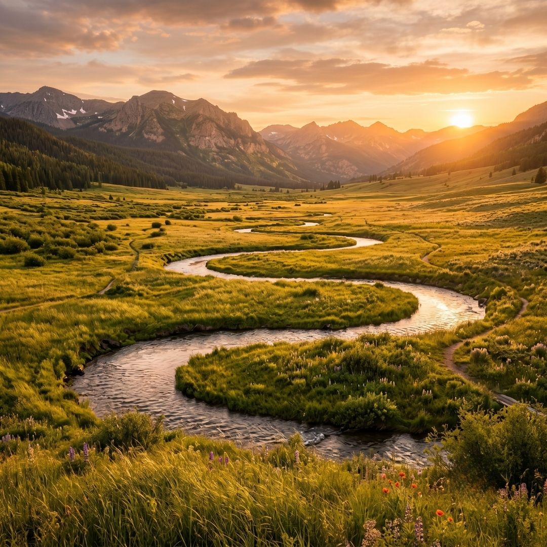 Golden hour sunlight illuminating a sweeping mountain valley.