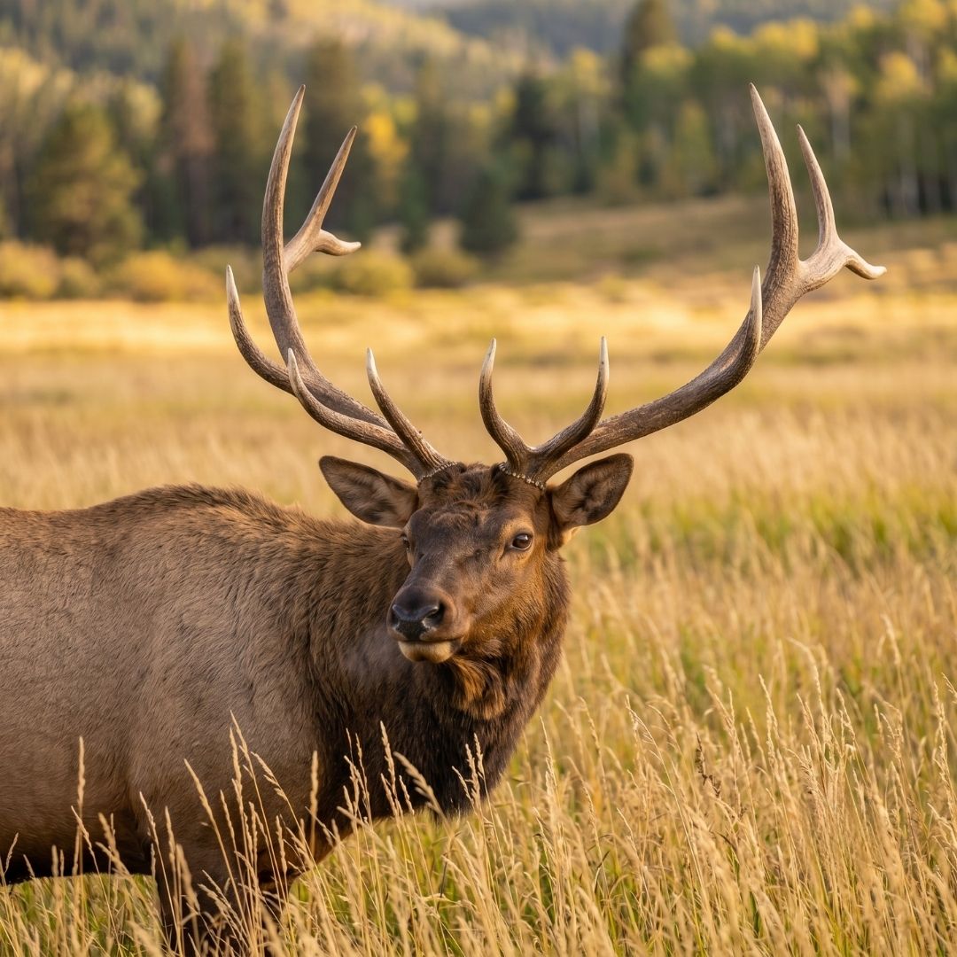 A majestic elk standing peacefully in a meadow.