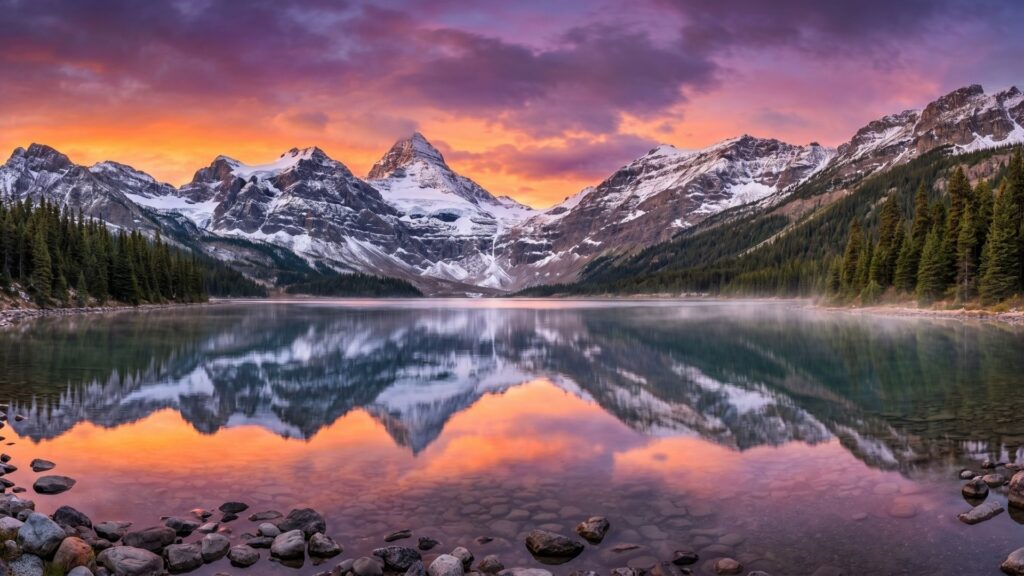 A beautiful sunrise reflecting off a mountain lake in the Rockies.